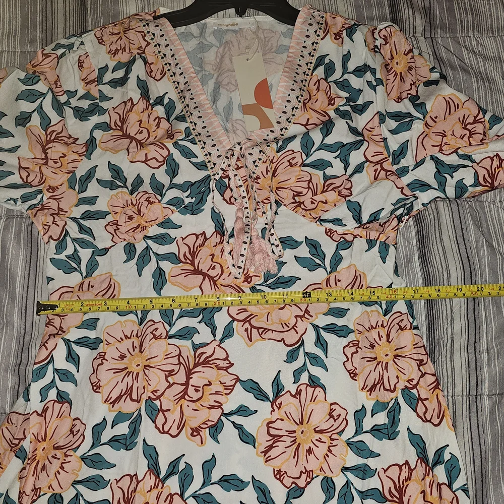 SunnySpirit Floral Boho Maxi Dress V-Neck Balloon Sleeve Tassel Size L - Picture 10 of 14